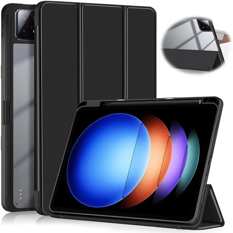 کاور آزونه برای شیائومی پد 6S Pro 12.4، کاور هوشمند TPU نرم و فوق العاده نازک با قابلیت بیدار شدن/به خواب رفتن خودکار، کاور پشتی اکریلیک شفاف، برای شیائومی پد 6S Pro 12.4، مشکی