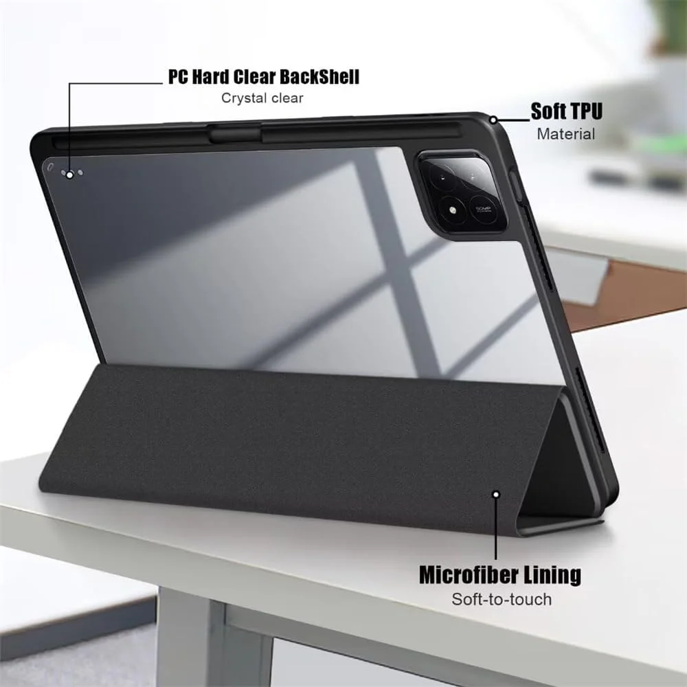 کاور آزونه برای شیائومی پد 6S Pro 12.4، کاور هوشمند TPU نرم و فوق العاده نازک با قابلیت بیدار شدن/به خواب رفتن خودکار، کاور پشتی اکریلیک شفاف، برای شیائومی پد 6S Pro 12.4، مشکی