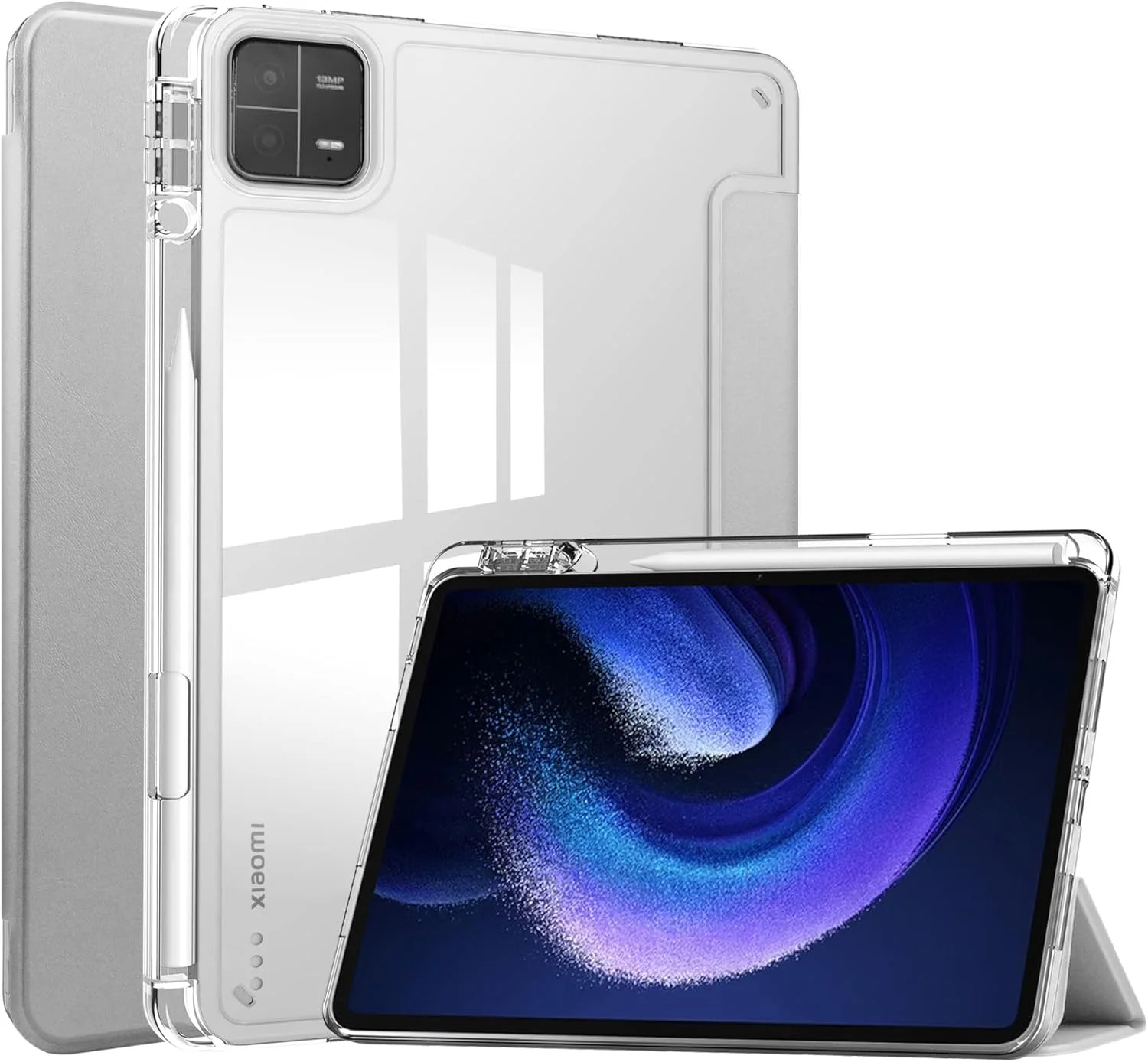 MAKINGTEC Case with Pen Holder for Xiaomi Pad 6 / Pad 6 Pro, Transparent Hard Shell Back Trifold Smart Cover Protective Slim Case for Xiaomi Mi Pad 6 /Pad 6 Pro 11” 2023 Release (Silver)