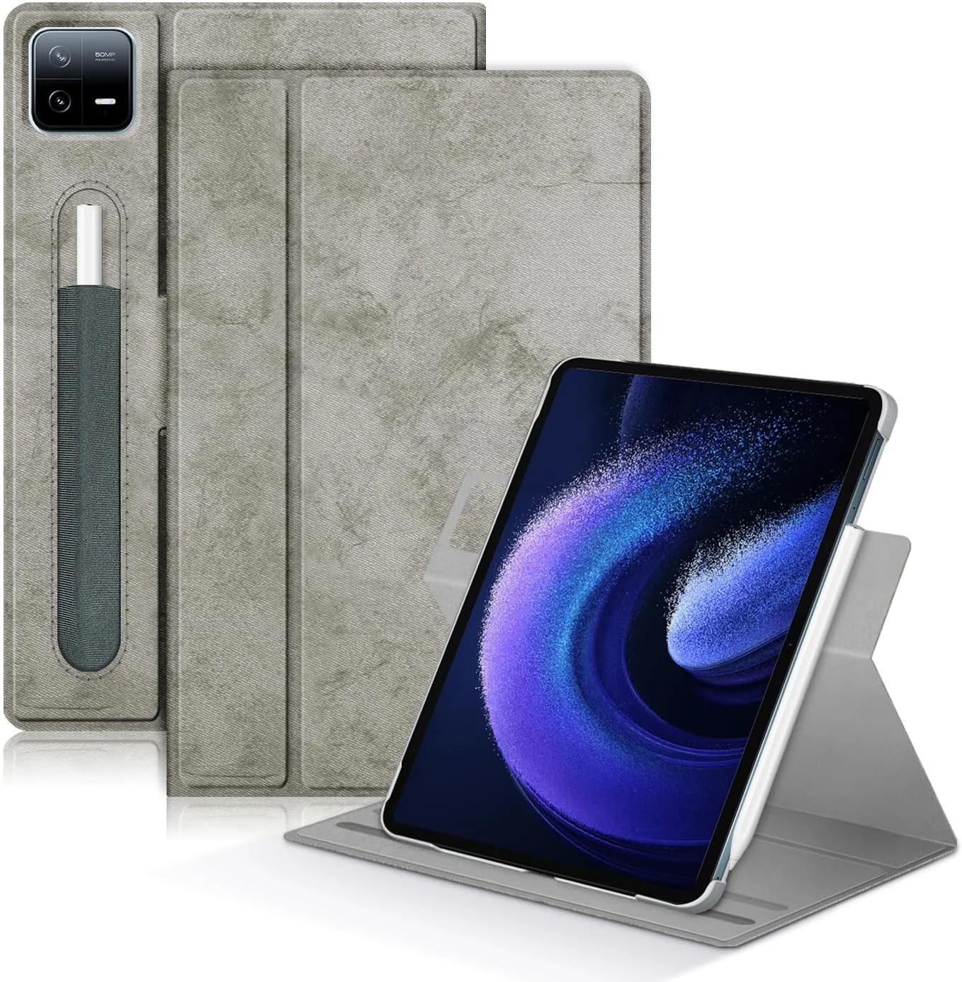کیف چرخشی 360 درجه قابل تنظیم برای شیائومی پد 6/6 پرو، دارای جای قلم خارجی، کاور چند زاویه ای برای تبلت شیائومی پد 6 پرو 11 اینچی (خاکستری، قلم شامل نمی شود)