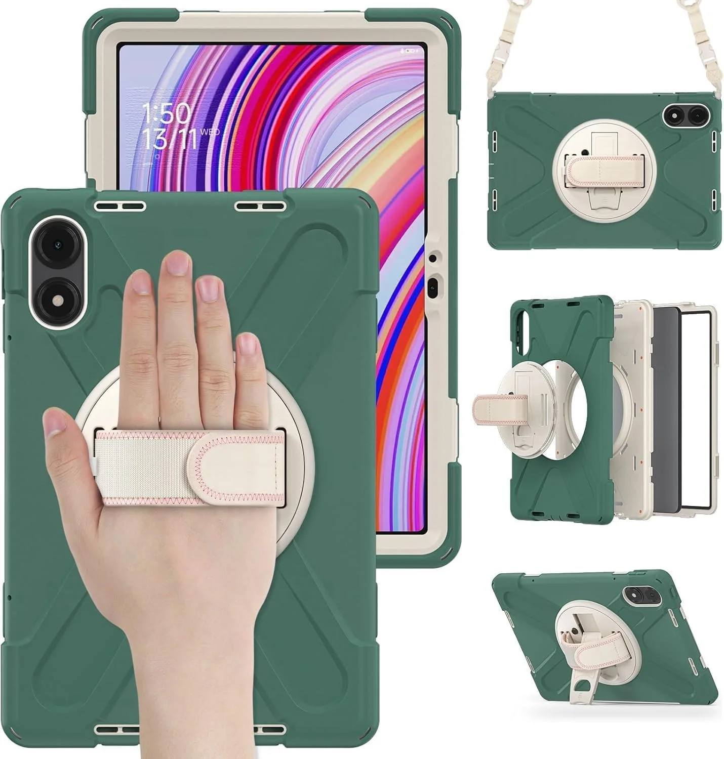 کاور محافظ تبلت ردمی پد پرو 12.1 اینچ Azonee، ضد ضربه و مقاوم با بند شانه/دسته/پایه چرخان (سفید سبز)