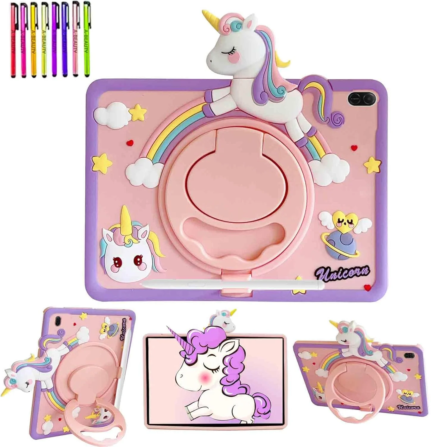 کاور سیلیکونی ضد ضربه طرح یونیکورن مناسب برای تبلت شیائومی Redmi Pad 2 11 اینچ 2025 به همراه جای قلم و استند چرخشی 360 درجه