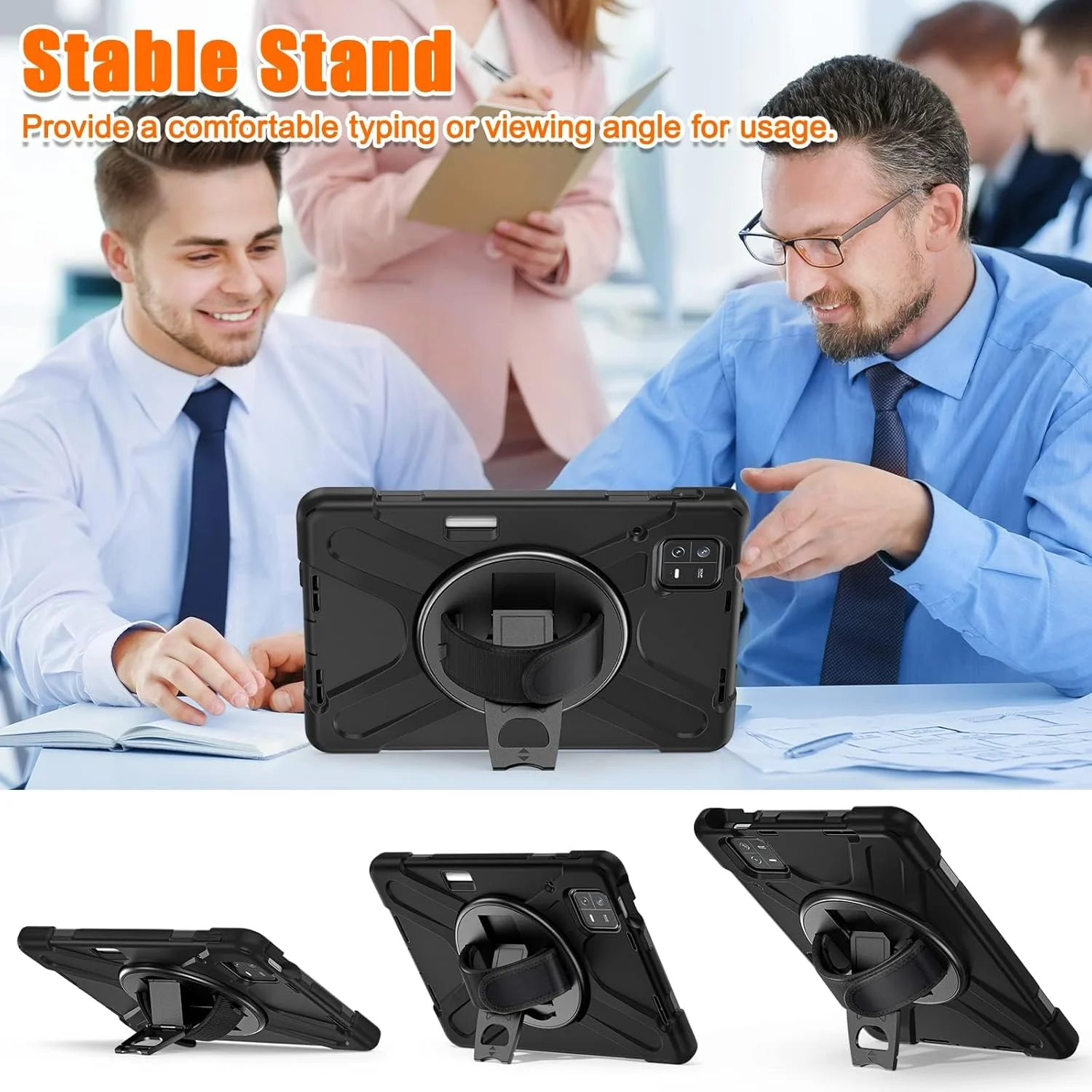 کاور مقاوم برای شیائومی پد 6 (11 اینچ 2023)، کاور چرخشی با پایه نگهدارنده [پایه چرخشی 360 درجه/بند دستی] [بند شانه] کاور محافظ هایبرید برای شیائومی می پد 6/می پد 6 پرو، مشکی