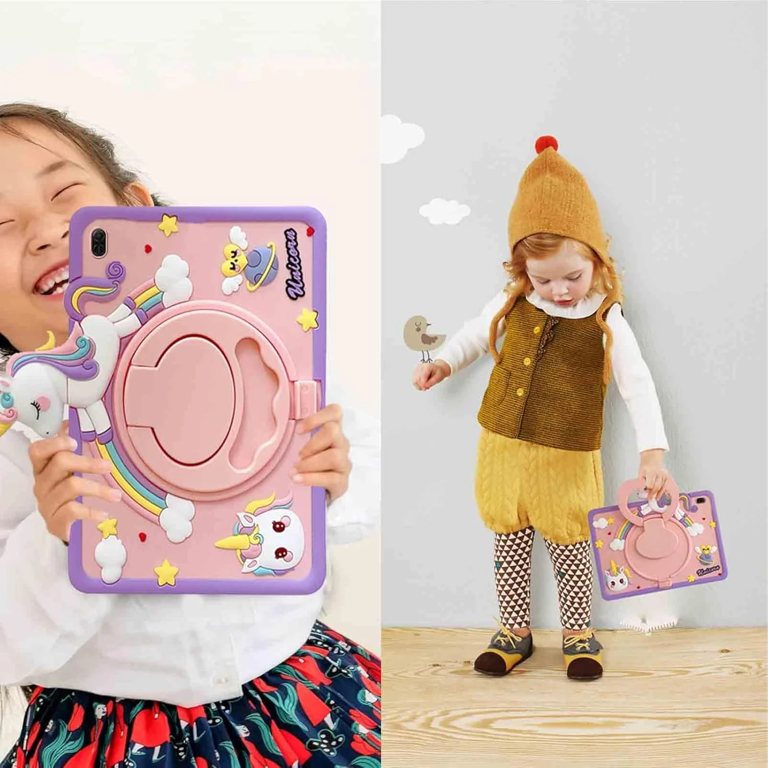 کاور سیلیکونی ضد ضربه طرح یونیکورن مناسب برای تبلت شیائومی Redmi Pad 2 11 اینچ 2025 به همراه جای قلم و استند چرخشی 360 درجه