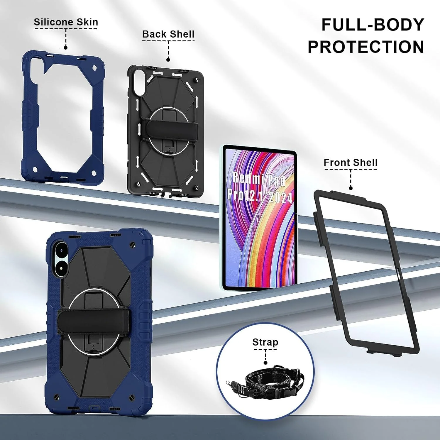 Case For Redmi Pad Pro (12.1 inch, 2024), Azonee Shockproof Kids Case with Kickstand, 360° Rotating Hand Strap & Shoulder Strap, Rugged Protective Cover (Blue Black) Case For Redmi Pad Pro (12.1 inch, 2024), Azonee Shockproof Kids Case with Kickstand, 360° Rotating Hand Strap & Shoulder Strap, Rugged Protective Cover (Blue Black)