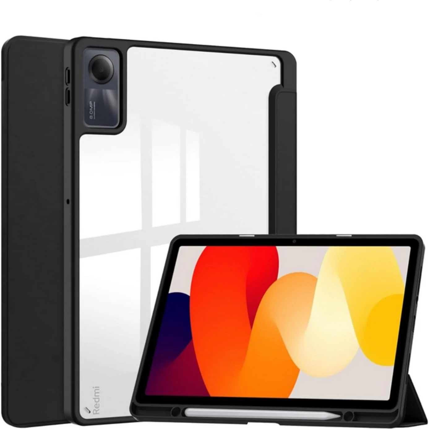 کیف ضد ضربه SKEIDO برای شیائومی Redmi Pad SE 11 اینچ با جای قلم، پشت اکریلیک شفاف و قاب TPU، سه لایه تاشو، باریک، سبک، محافظ هوشمند (مشکی)