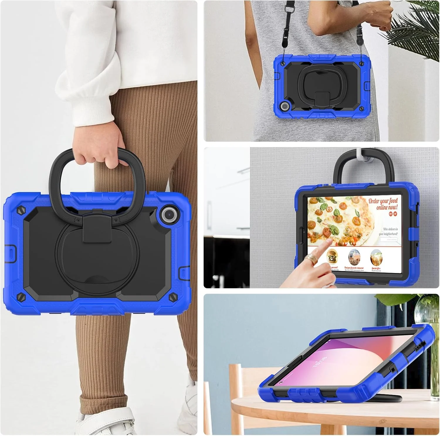 کیف محافظ تخت V-MOTA برای تبلت لنوو تب M8 نسل 4 با صفحه نمایش 8 اینچی مدل TB300XU، مقاوم در برابر ضربه، دارای پایه چرخان و بند مچی (آبی تیره)