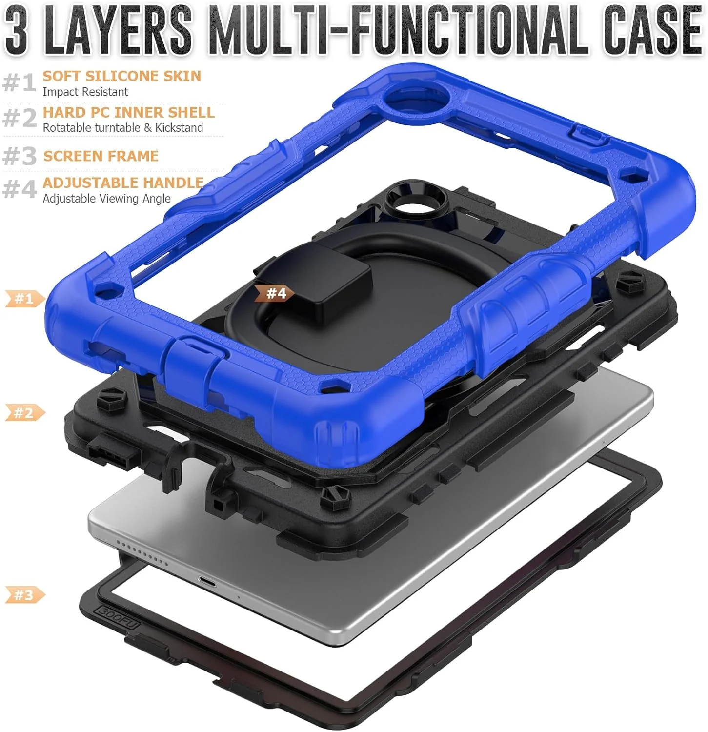 کیف محافظ تخت V-MOTA برای تبلت لنوو تب M8 نسل 4 با صفحه نمایش 8 اینچی مدل TB300XU، مقاوم در برابر ضربه، دارای پایه چرخان و بند مچی (آبی تیره)
