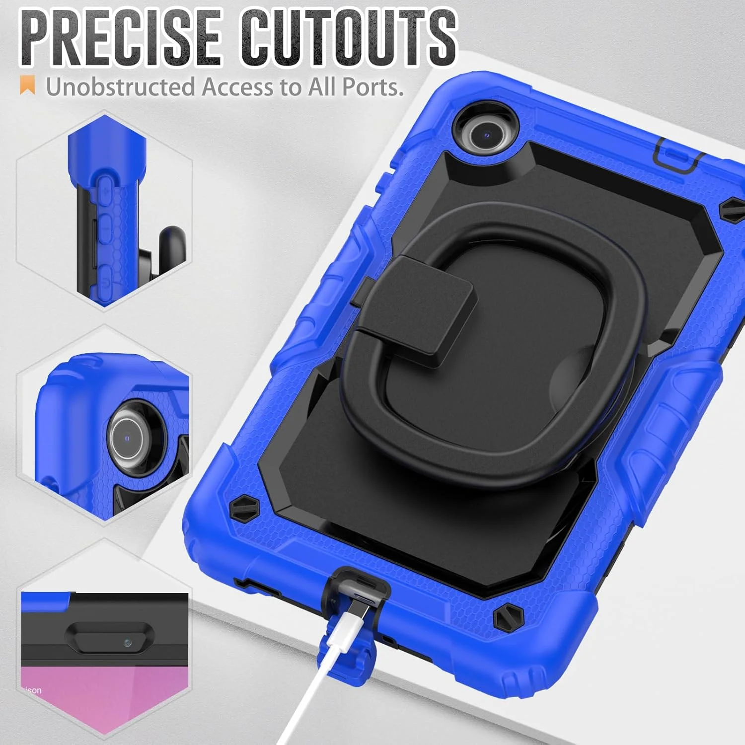 کیف محافظ تخت V-MOTA برای تبلت لنوو تب M8 نسل 4 با صفحه نمایش 8 اینچی مدل TB300XU، مقاوم در برابر ضربه، دارای پایه چرخان و بند مچی (آبی تیره)