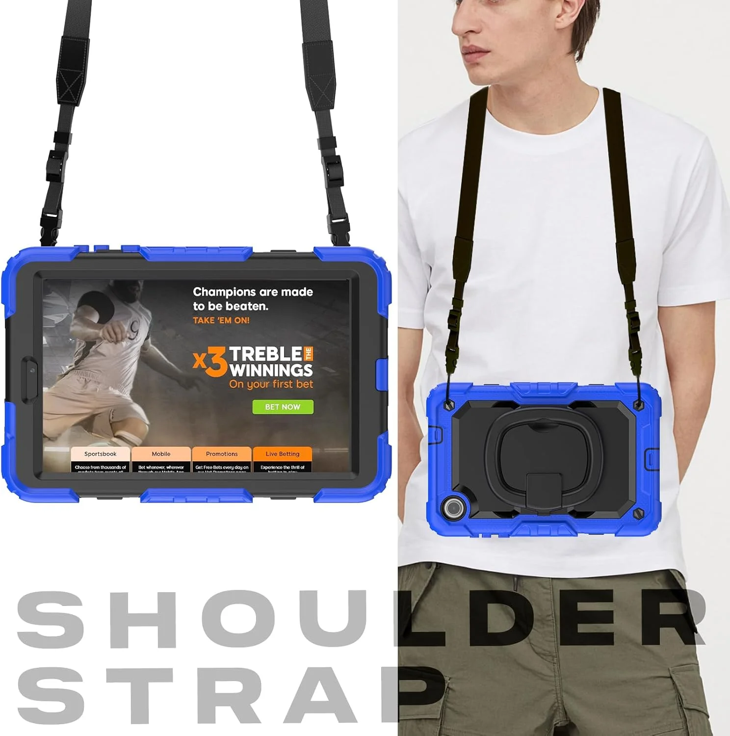 کیف محافظ تخت V-MOTA برای تبلت لنوو تب M8 نسل 4 با صفحه نمایش 8 اینچی مدل TB300XU، مقاوم در برابر ضربه، دارای پایه چرخان و بند مچی (آبی تیره)