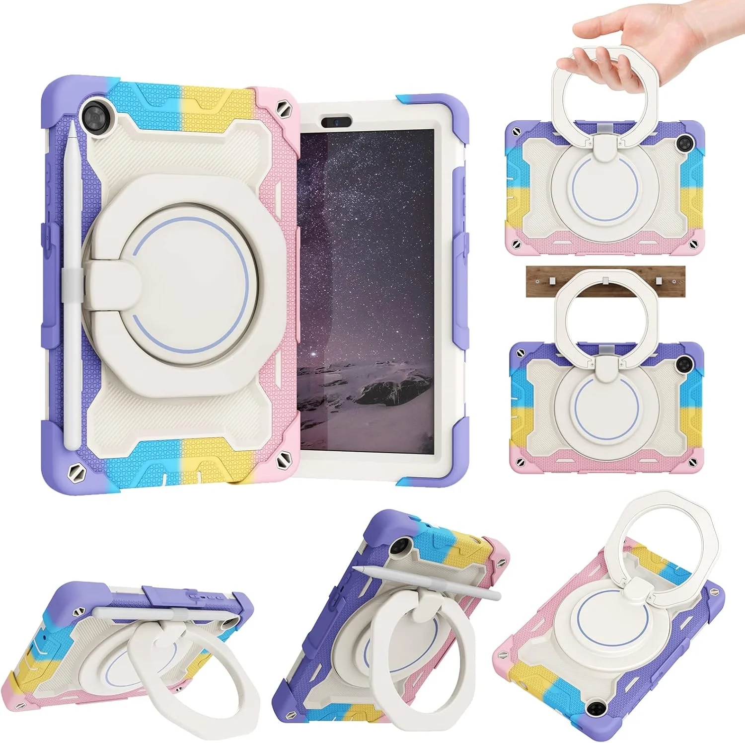 کیف سیلیکونی تبلت nincyee برای تبلت لنوو تب M8/M8 نسل 3 سایز 8 اینچ، کیف ضد ضربه با نگهدارنده مداد، بند شانه، حلقه بزرگ چرخان پایه نگهدارنده برای کودکان