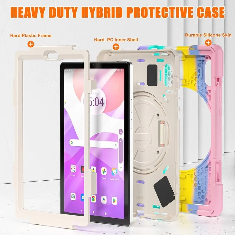 کاور نیکا کیو مناسب تبلت لنوو تب M9 سایز 9 اینچ 2023 مدل TB-310FU، مقاوم، به همراه محافظ صفحه نمایش، استند چرخشی 360 درجه، بند دستی، بند شانه ای، کاور سه لایه ضد ضربه، صورتی