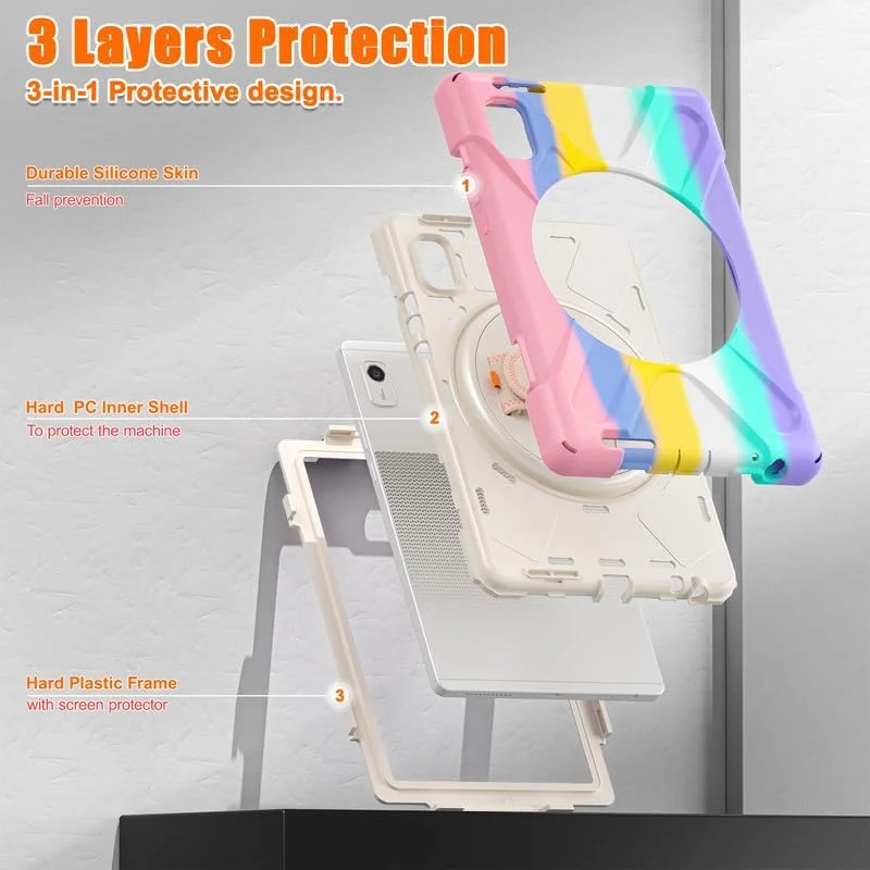 کاور نیکا کیو مناسب تبلت لنوو تب M9 سایز 9 اینچ 2023 مدل TB-310FU، مقاوم، به همراه محافظ صفحه نمایش، استند چرخشی 360 درجه، بند دستی، بند شانه ای، کاور سه لایه ضد ضربه، صورتی