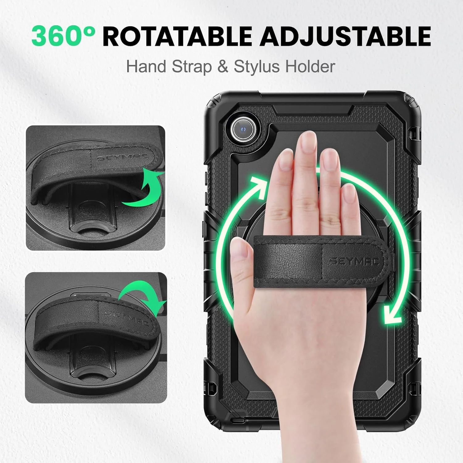 کیف محافظ تبلت SEYMAC مناسب برای تبلت لنوو تب وان/ تب K9 سایز 8.7 اینچ 2025، ضد ضربه با محافظ صفحه نمایش داخلی، دارای بند چرخشی 360 درجه/ پایه، بند شانه، TB305XU TB305FU، مشکی