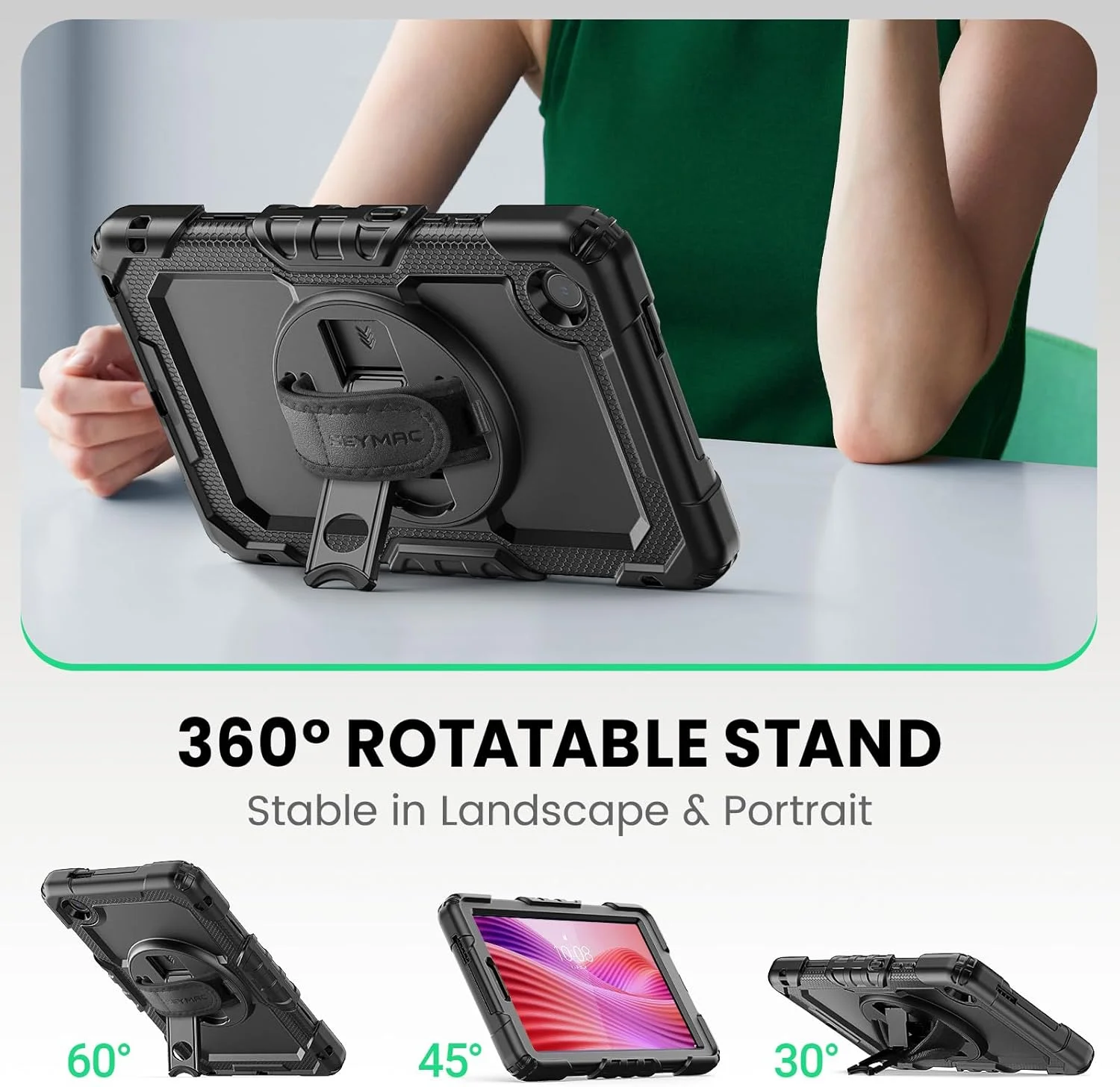 کیف محافظ تبلت SEYMAC مناسب برای تبلت لنوو تب وان/ تب K9 سایز 8.7 اینچ 2025، ضد ضربه با محافظ صفحه نمایش داخلی، دارای بند چرخشی 360 درجه/ پایه، بند شانه، TB305XU TB305FU، مشکی