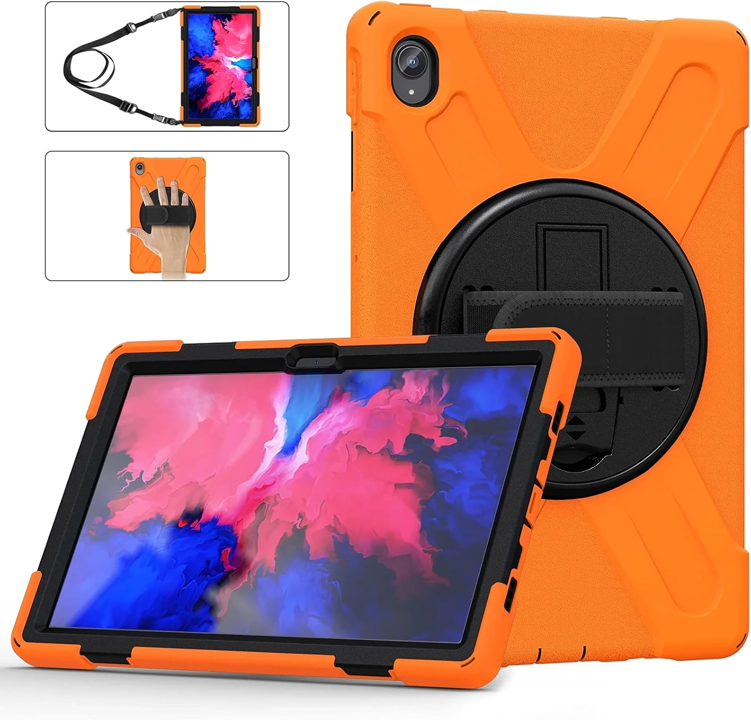 کیف تبلت مسافرتی سه کاره مقاوم در برابر شکستگی برای Lenovo P11 TB-J606F، روکش تبلت ضد ضربه، پایه چند منظوره با قابلیت چرخش 360 درجه (نارنجی)