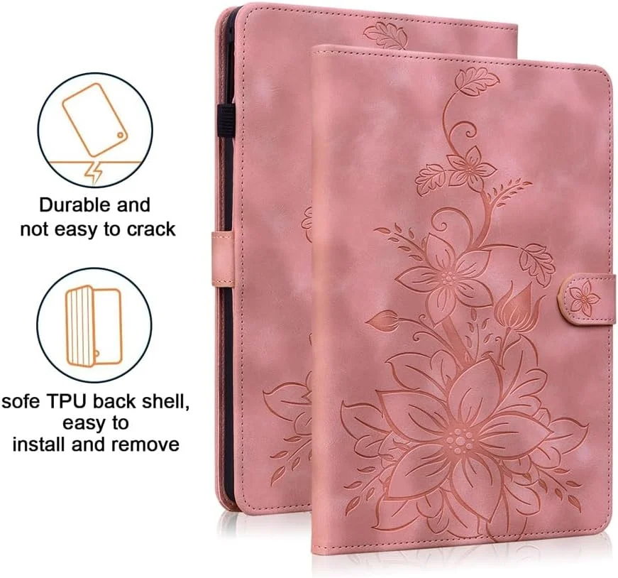 کیف محافظ تبلت لنوو تب M9 مدل TB-310FU سال 2024/2023، جلد چرمی PU ضد ضربه با قابلیت تنظیم چند زاویه به همراه پایه نگهدارنده، جای قلم و کارت/کیف پول برای تبلت 9 اینچی لنوو M9 (صورتی)