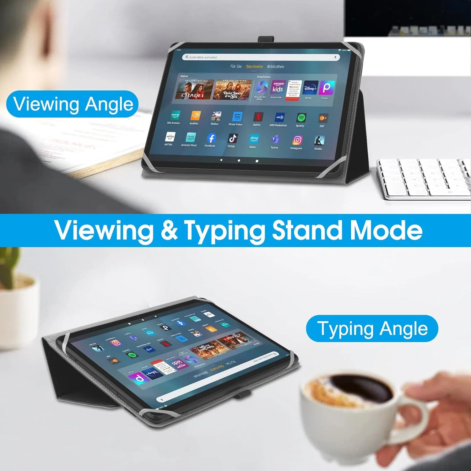 کیف محافظ یونیورسال HoYiXi برای تبلت های 9 تا 10.1 اینچی Fire HD 10 و Fire HD 10 Plus با استند، کاور و بند دستی، مناسب برای تبلت های 9 تا 10.1 اینچی سامسونگ، لنوو و اندروید - مشکی