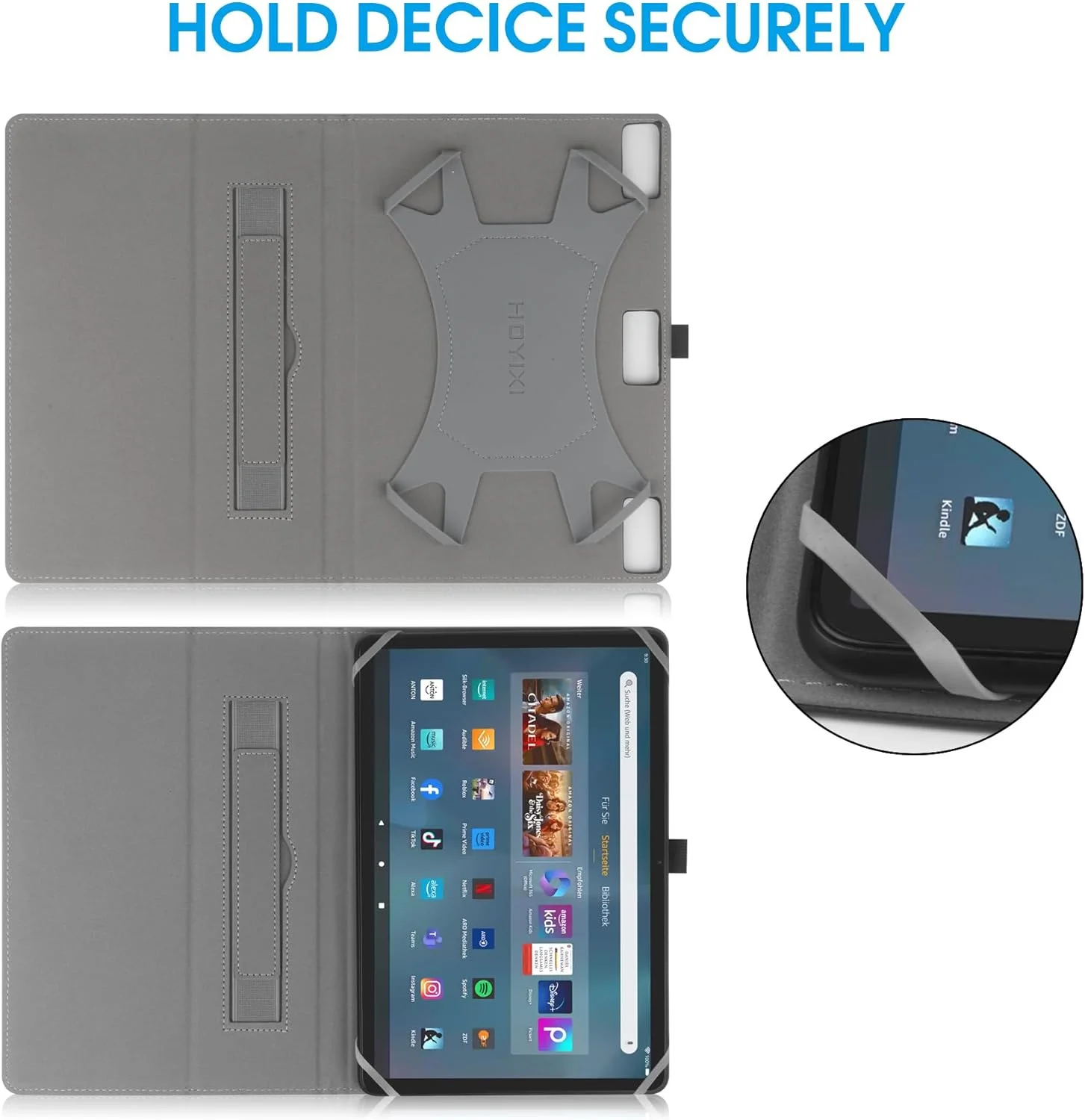 کیف محافظ یونیورسال HoYiXi برای تبلت های 9 تا 10.1 اینچی، مناسب برای Fire HD 10 و Fire HD 10 Plus، دارای استند، کاور و بند دستی، مناسب برای تبلت های 9 تا 10.1 اینچی سامسونگ، لنوو و اندروید - مشکی