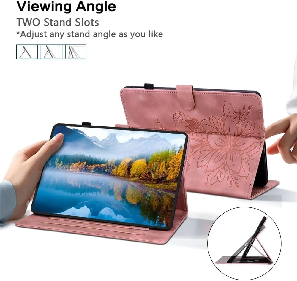 کیف محافظ تبلت لنوو تب M9 مدل TB-310FU سال 2024/2023، کیف چرمی PU ضد ضربه با قابلیت تنظیم چند زاویه، دارای پایه نگهدارنده، جای قلم و کارت/کیف پول برای تبلت 9 اینچی لنوو M9 (صورتی)