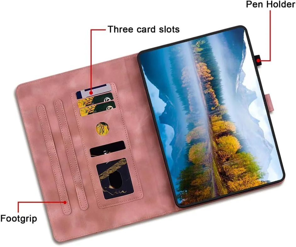 کیف محافظ تبلت لنوو تب M9 مدل TB-310FU سال 2024/2023، کیف چرمی PU ضد ضربه با قابلیت تنظیم چند زاویه، دارای پایه نگهدارنده، جای قلم و کارت/کیف پول برای تبلت 9 اینچی لنوو M9 (صورتی)