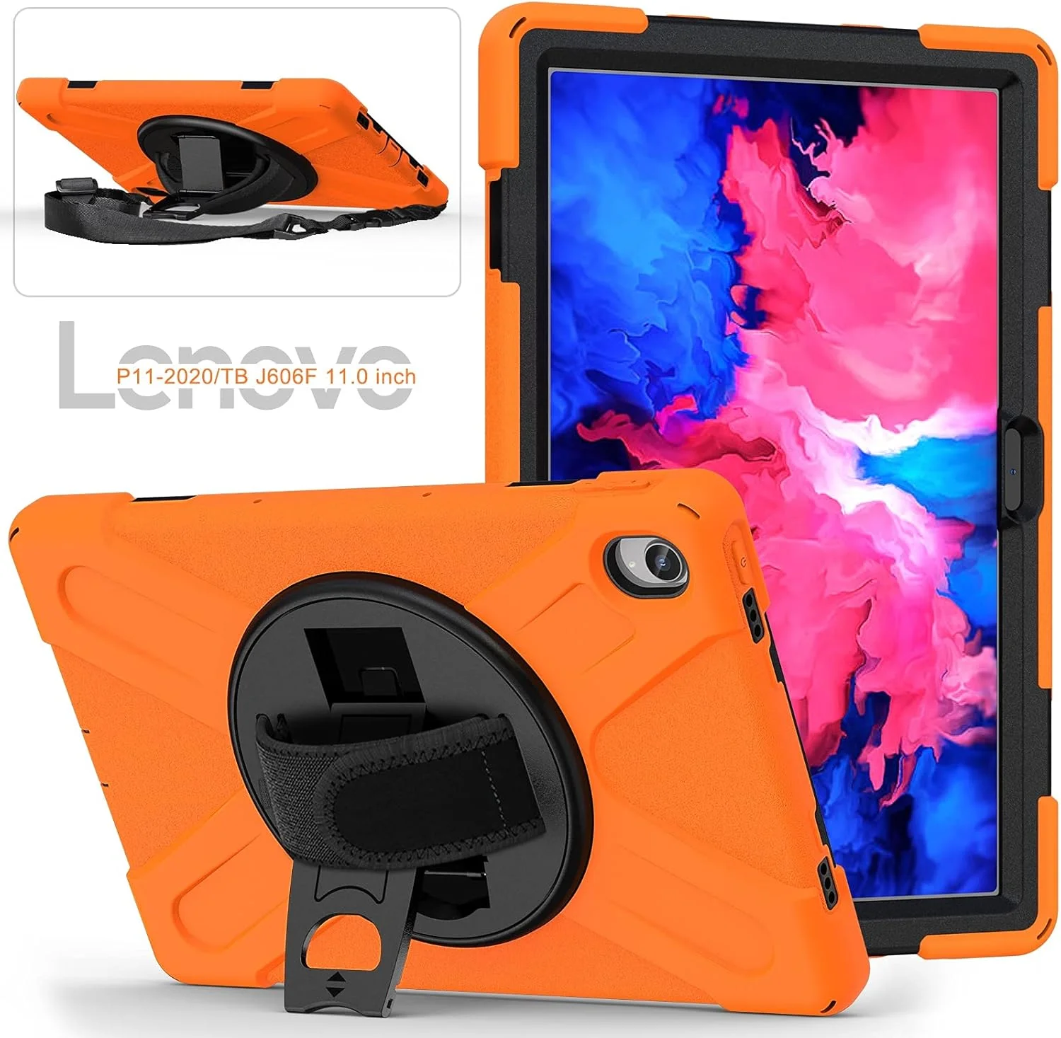 کیف تبلت مسافرتی سه کاره مقاوم در برابر شکستگی برای Lenovo P11 TB-J606F، روکش تبلت ضد ضربه، پایه چند منظوره با قابلیت چرخش 360 درجه (نارنجی)