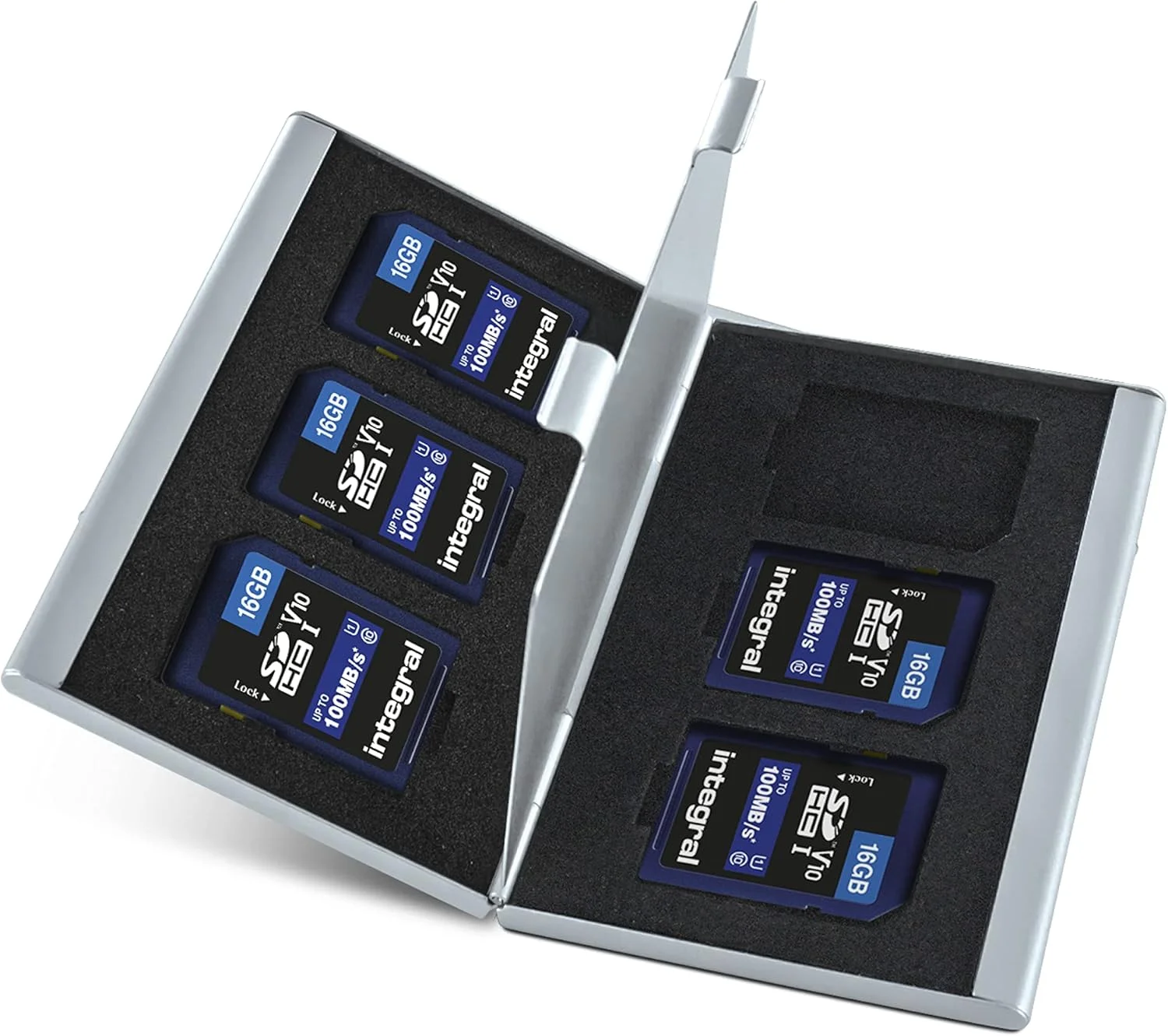 کارت حافظه 16 گیگابایتی Integral SD بسته 5 عددی به همراه جعبه فلزی محافظ 6 اسلات، کارت حافظه پر سرعت SDHC تا 100 مگابایت بر ثانیه V10 UHS U1 کارت حافظه 16 گیگابایتی Integral SD بسته 5 عددی به همراه جعبه فلزی محافظ 6 اسلات، کارت حافظه پر سرعت SDHC تا 100 مگابایت بر ثانیه V10 UHS U1