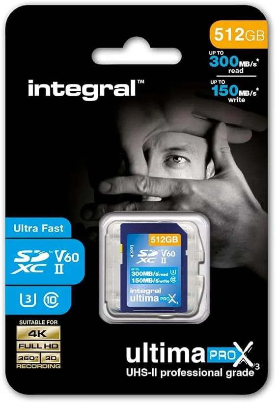 کارت حافظه 512 گیگابایتی UHS-II SD اینتگرال V60 با سرعت خواندن تا 300 مگابایت بر ثانیه و سرعت نوشتن 150 مگابایت بر ثانیه، کارت حافظه پرسرعت حرفه ای 1733X SDXC