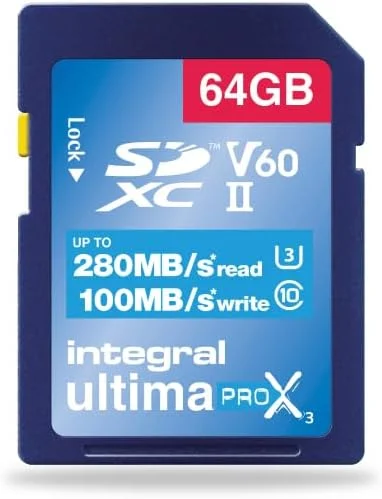 کارت حافظه 64 گیگابایتی UHS-II SD اینتگرال V60 با سرعت خواندن تا 280 مگابایت بر ثانیه و سرعت نوشتن 100 مگابایت بر ثانیه 1733X SDXC کارت حافظه حرفه ای با سرعت بالا