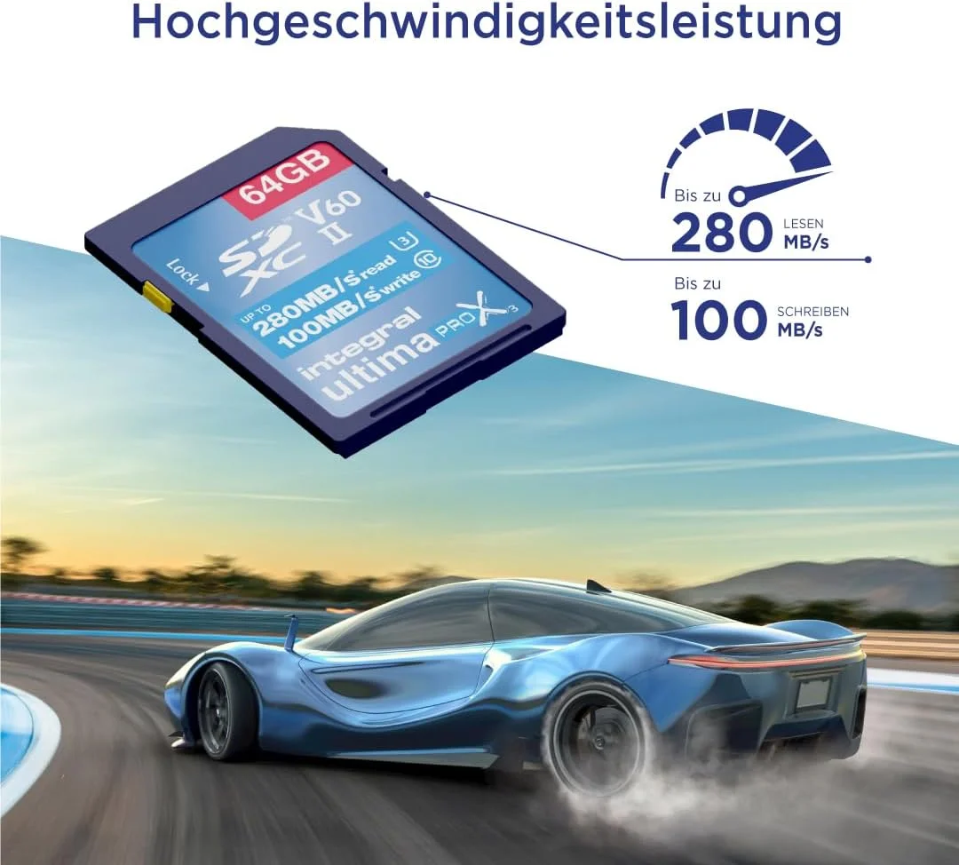 کارت حافظه 64 گیگابایتی UHS-II SD اینتگرال V60 با سرعت خواندن تا 280 مگابایت بر ثانیه و سرعت نوشتن 100 مگابایت بر ثانیه 1733X SDXC کارت حافظه حرفه ای با سرعت بالا