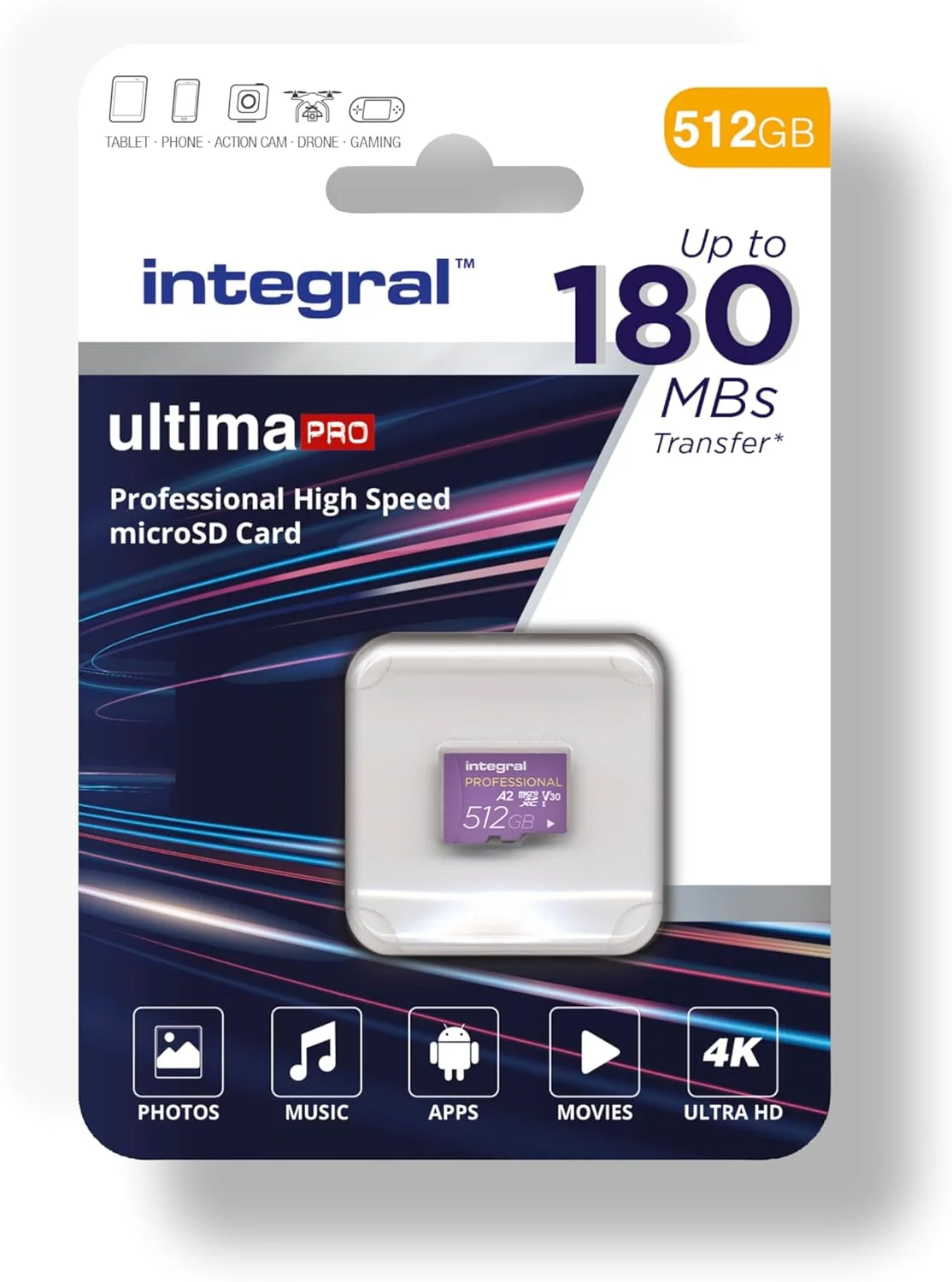 کارت حافظه میکرو اس دی 512 گیگابایتی Integral، سرعت خواندن ویدئو 4K تا 180 مگابایت بر ثانیه و سرعت نوشتن 150 مگابایت بر ثانیه، MicroSDXC A2 C10 U3 UHS-I 180-V30. سریعترین کارت حافظه میکرو اس دی ما با سرعت بالا.