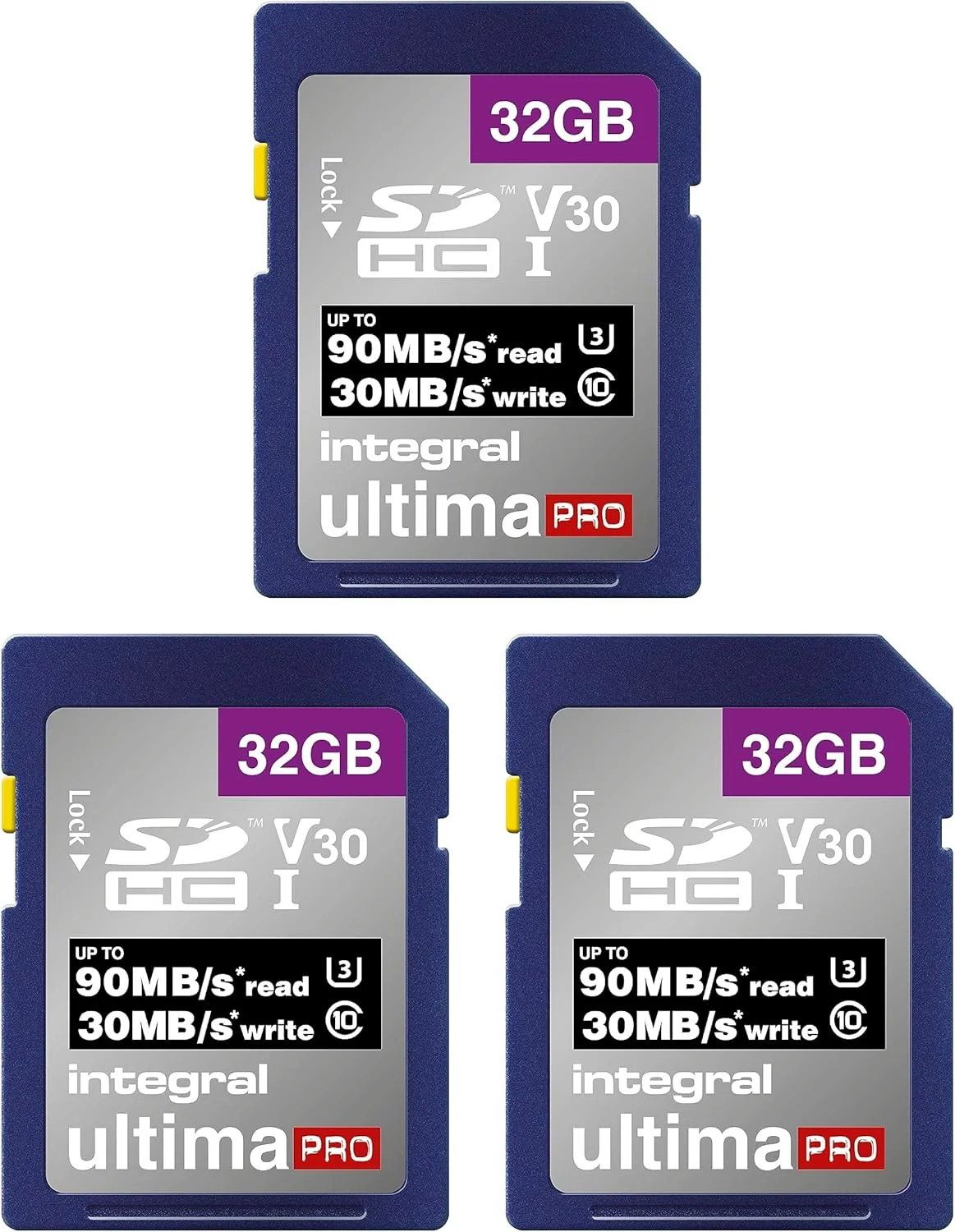 کارت حافظه SD اینتگرال 32 گیگابایت بسته 3 عددی به همراه جعبه فلزی محافظ کارت 6 اسلات - سرعت بالا تا 90 مگابایت بر ثانیه - کارت حافظه SDHC V30 UHS-I U3 Class 10