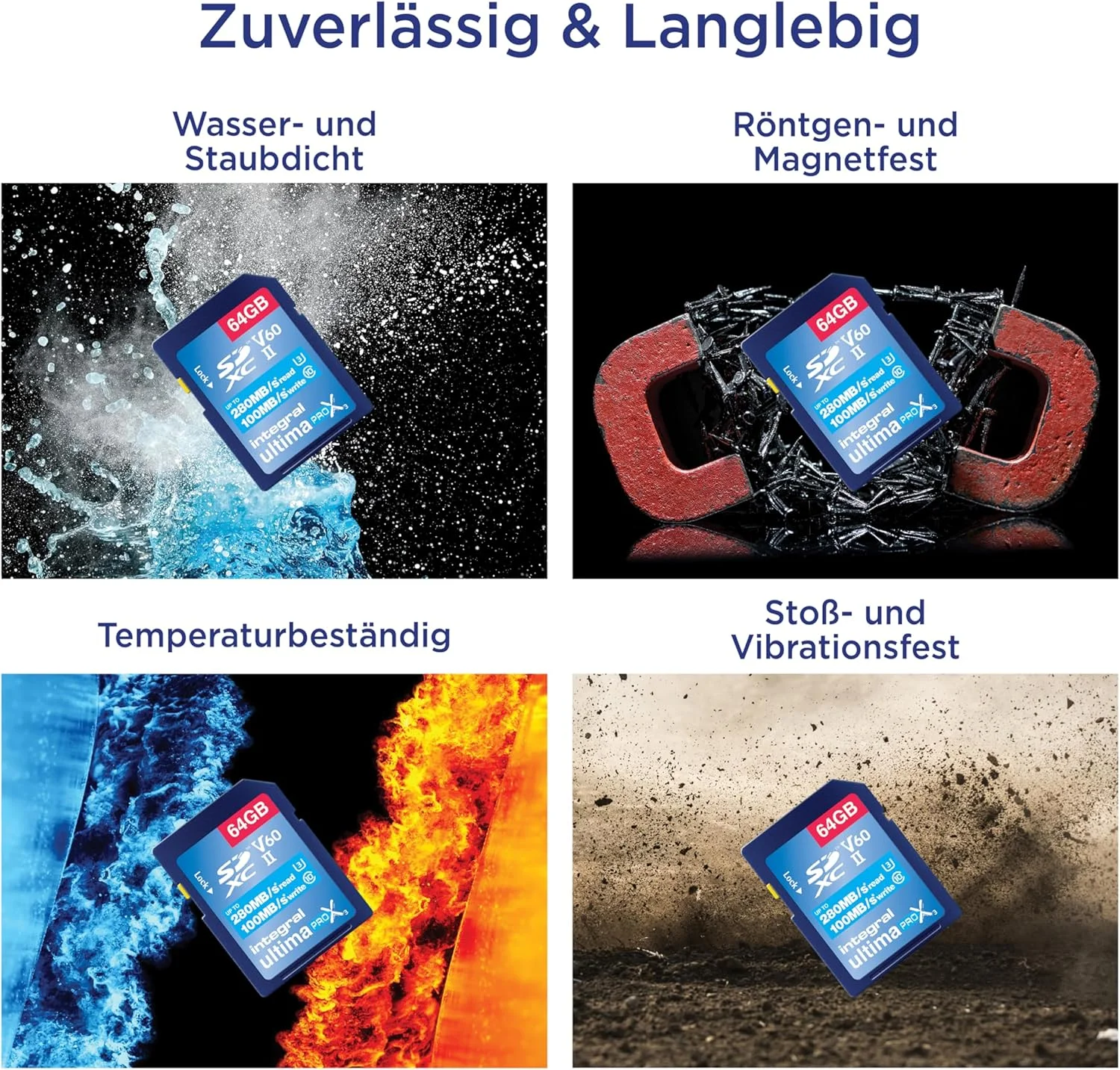 کارت حافظه 64 گیگابایتی UHS-II SD اینتگرال V60 با سرعت خواندن تا 280 مگابایت بر ثانیه و سرعت نوشتن 100 مگابایت بر ثانیه 1733X SDXC کارت حافظه حرفه ای با سرعت بالا