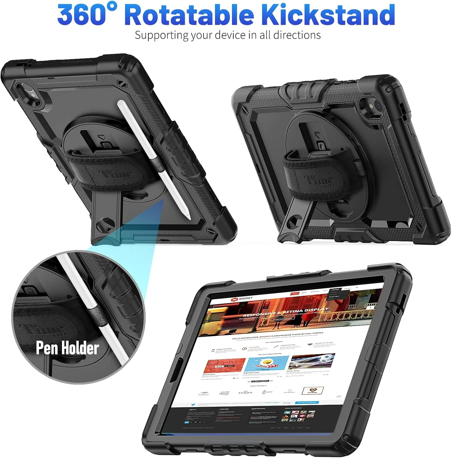 محافظ تبلت تایم سیتی مناسب برای لنوو تب M10 HD نسل دوم 10.1 اینچی، محافظ برای LenovoTB-X306F نسخه 2020: با محافظت قوی، محافظ صفحه نمایش، بند دستی، بند شانه، پایه چرخان، نگهدارنده قلم - مشکی