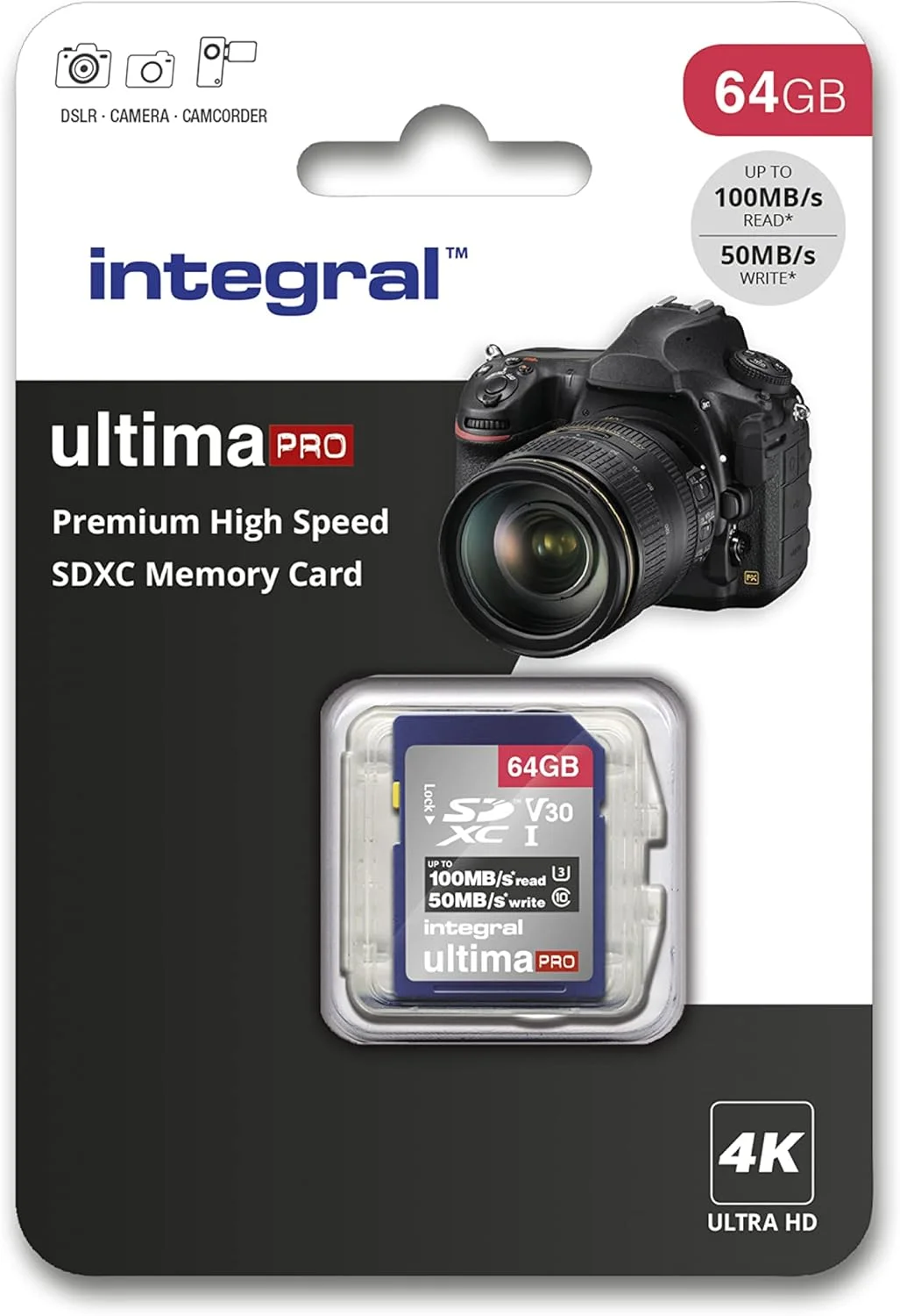 کارت حافظه 64 گیگابایتی Integral SD Card 4K Ultra-HD Video Premium High Speed با سرعت بالا تا 100 مگابایت بر ثانیه SDXC V30 UHS-I U3 Class 10