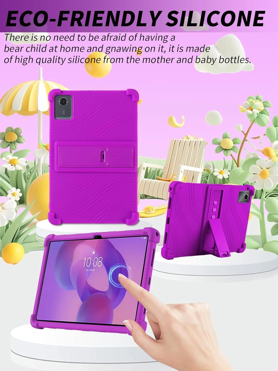 کاور تبلت لنوو تب M11 11 اینچی، کاور سیلیکونی نرم تبلت با پایه ضد لغزش، مقاوم در برابر ضربه و افتادن، بنفش