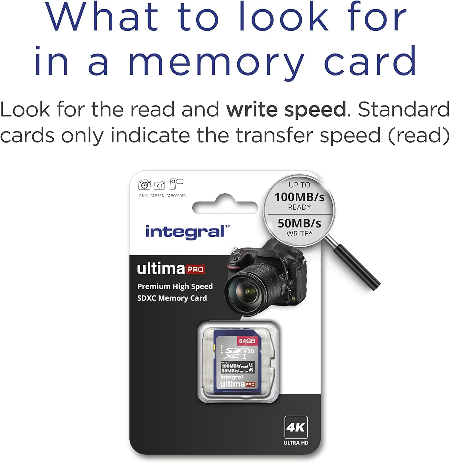 کارت حافظه 64 گیگابایتی Integral SD Card 4K Ultra-HD Video Premium High Speed با سرعت بالا تا 100 مگابایت بر ثانیه SDXC V30 UHS-I U3 Class 10