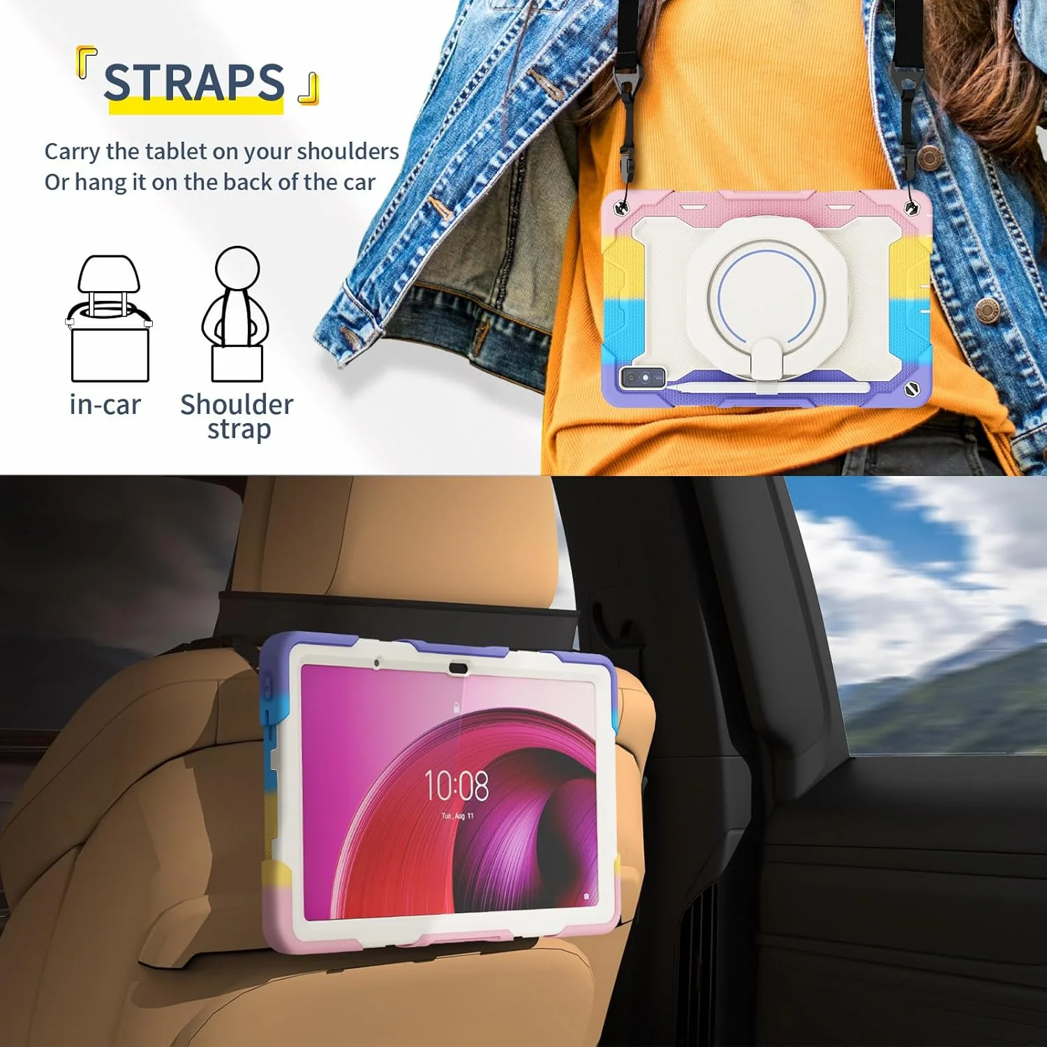 کیف سیلیکونی تبلت nincyee برای Lenovo Tab M10 5G 2023 10.61 اینچ، کیف ضد ضربه با نگهدارنده مداد، بند شانه، حلقه بزرگ چرخان پایه نگهدارنده برای کودکان