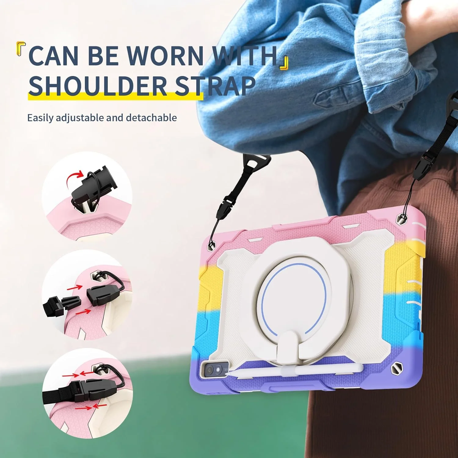 کیف سیلیکونی تبلت nincyee برای Lenovo Tab M10 5G 2023 10.61 اینچ، کیف ضد ضربه با نگهدارنده مداد، بند شانه، حلقه بزرگ چرخان آویز و پایه برای کودکان