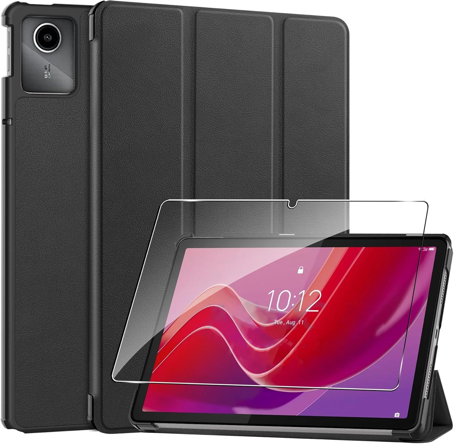 کاور تبلت لنوو تب M11 مدل 2024 سایز 11 اینچ به همراه محافظ صفحه نمایش شیشه ای، کاور محافظ تاشو سه لایه فوق سبک با عملکرد خواب/بیدار خودکار - مشکی