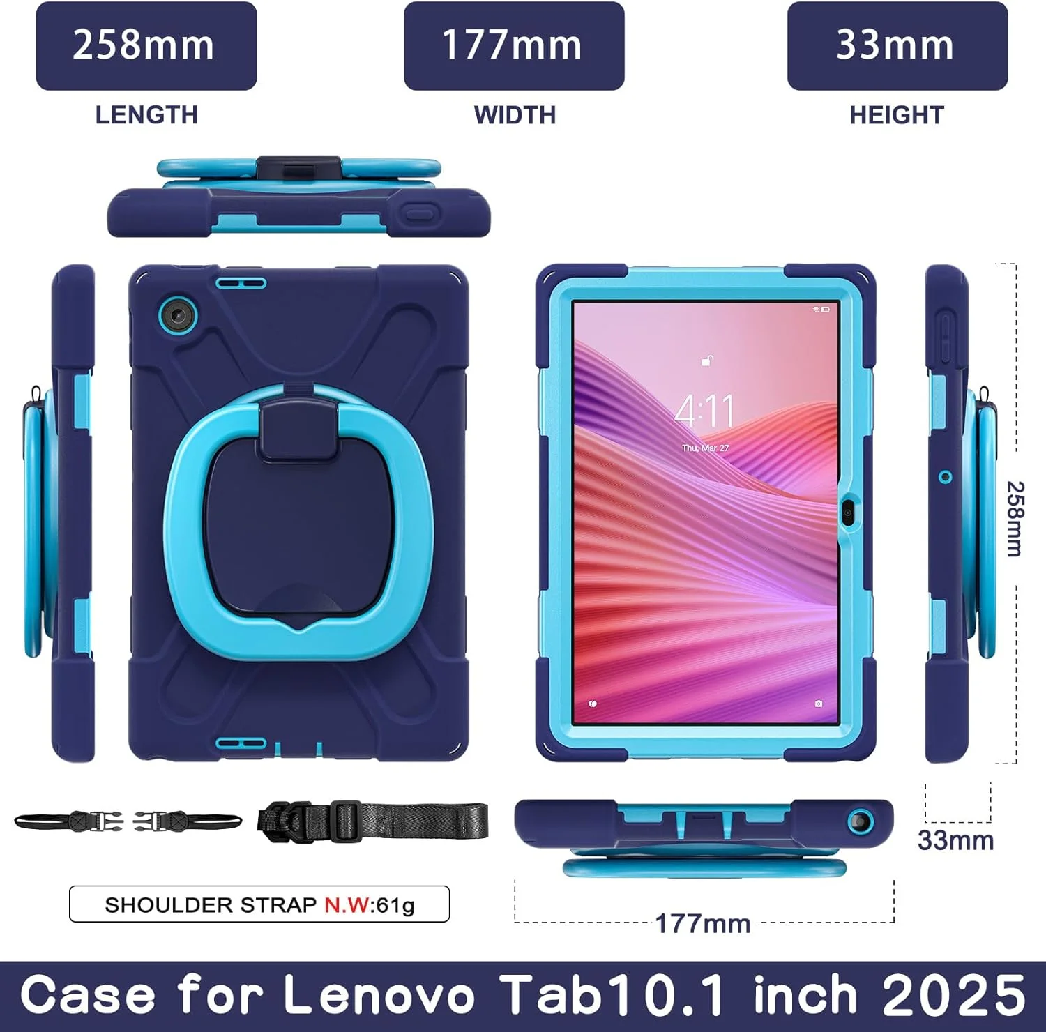 کاور مقاوم Gruattreay مناسب برای تبلت لنوو تب 10.1 اینچ (2025) مدل TB311FU TB311XU، کاور محافظتی ضد ضربه تمام بدنه با استند حلقه ای چرخان 360 درجه/دسته/بند شانه (مشکی)