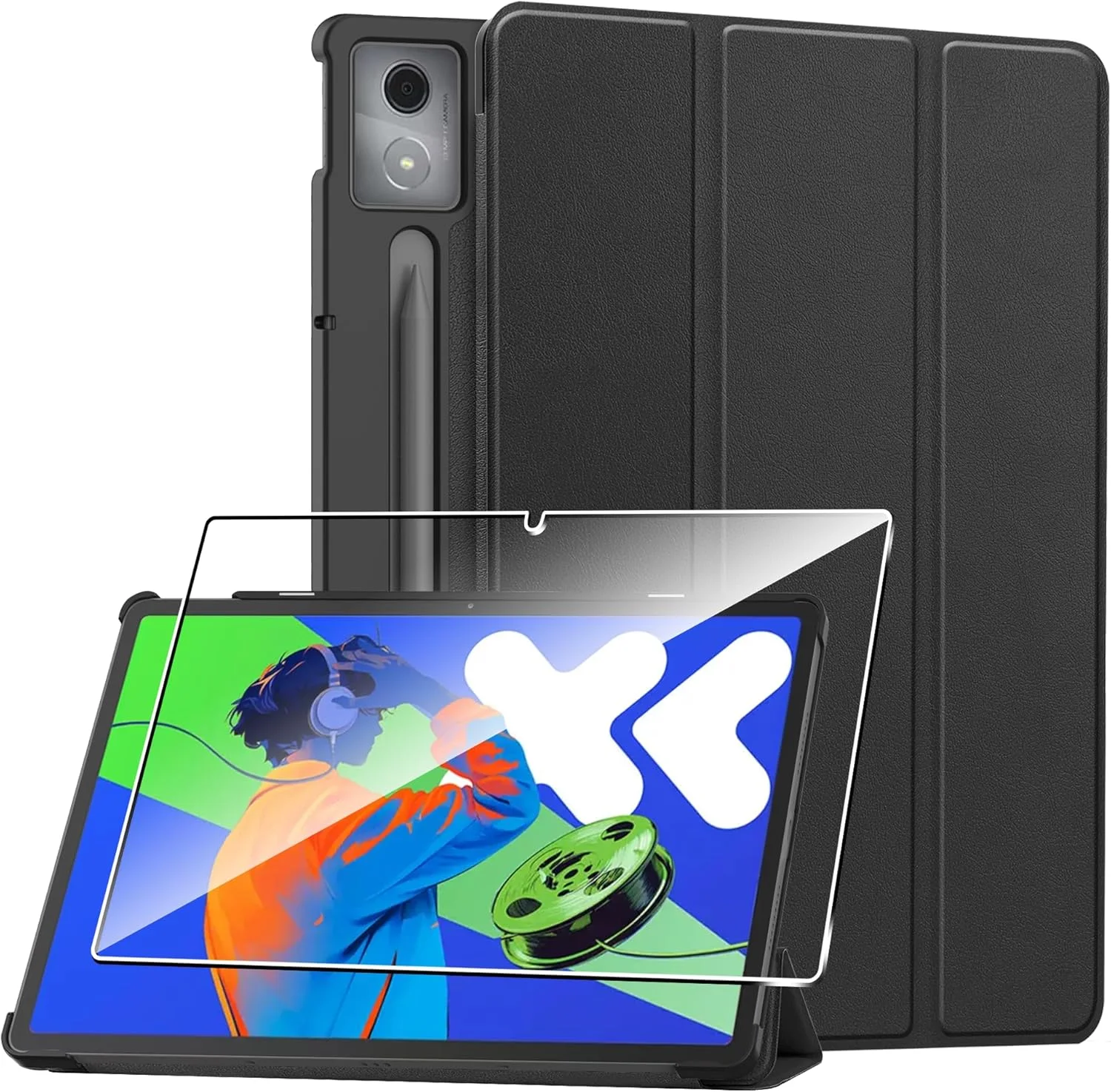 کاور محافظ تبلت لنوو تب P12 سایز 12.7 اینچ مدل 2024 به همراه یک عدد محافظ صفحه نمایش شیشه ای - مشکی