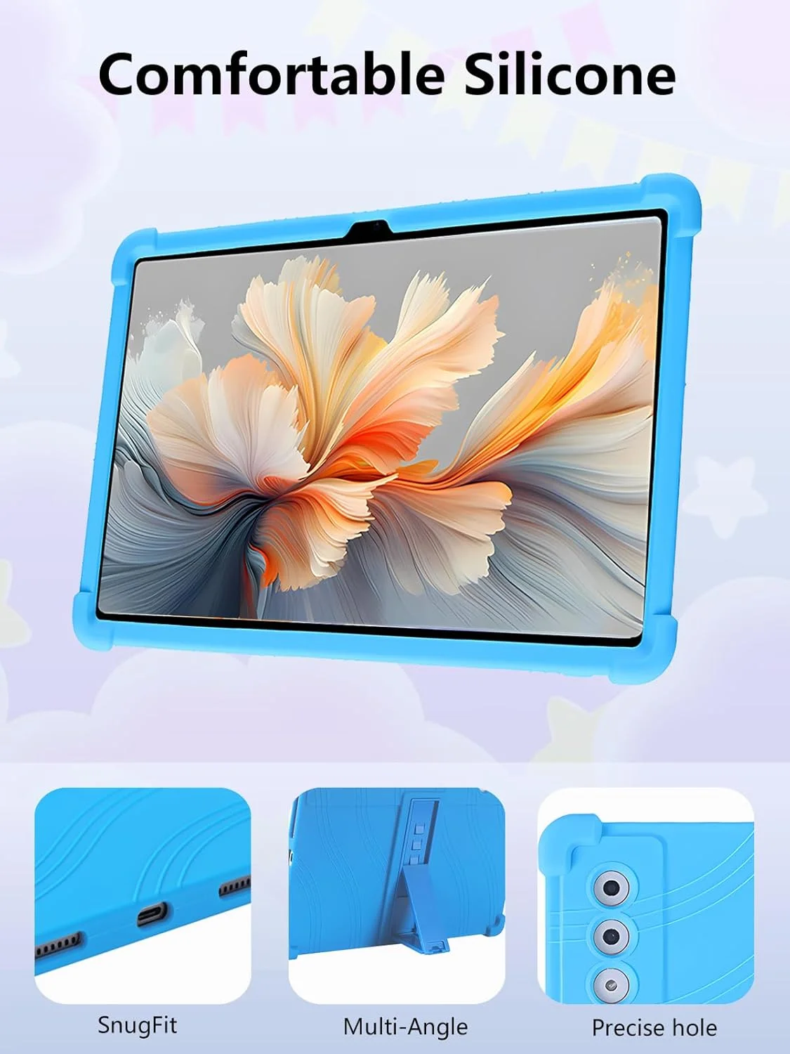 کاور سیلیکونی تبلت لنوو YOGA Tab Plus سایز 12.7 اینچ با پوشش کامل، ضد ضربه، ضد خش، استند قابل تنظیم و روکش سیلیکونی نرم، آبی روشن