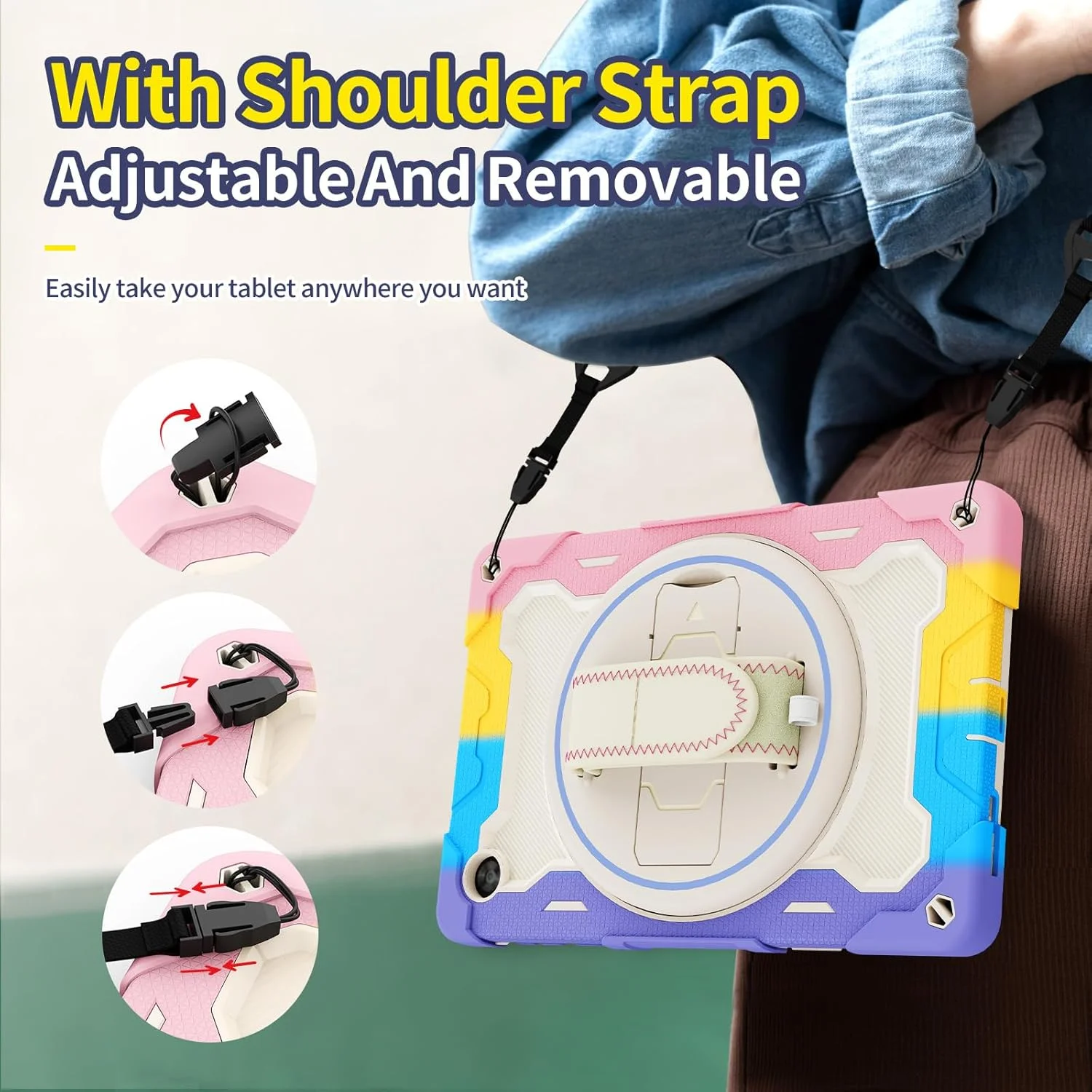 کیف تبلت nincyee برای Lenovo Tab M10 Hd نسل دوم X306، کیف سیلیکونی رنگین کمانی مقاوم در برابر ضربه برای کودکان با نگهدارنده مداد، بند شانه، پایه تاشو چرخشی، بند دستی