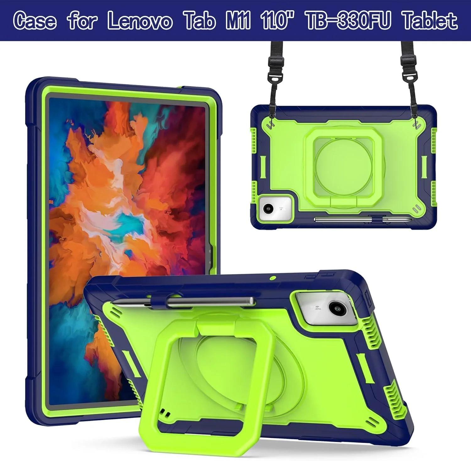 کیف محافظ کودکانه Gruattreay سازگار با تبلت 11 اینچی Lenovo Tab M11 (مدل TB-330FU / TB-331FC)، دارای بند شانه، بند دستی و پایه چرخان ضد ضربه برای Tab M11 (آبی تیره/سبز)