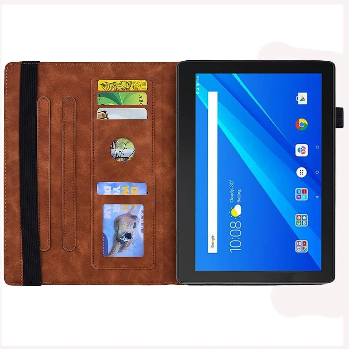 کیف تبلت RRXYHK سازگار با تبلت لنوو تب E10 (TB-X104F) 10.1 اینچ 2019، باریک، سبک وزن، چرمی PU طرح دار، کیف محافظ تبلت با قابلیت استند و جای کارت (قهوه ای)