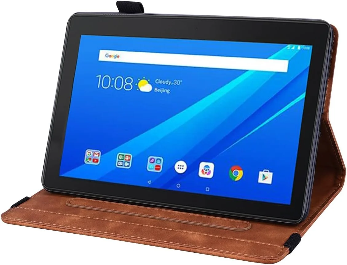کیف تبلت RRXYHK سازگار با تبلت لنوو تب E10 (TB-X104F) 10.1 اینچ 2019، باریک، سبک وزن، چرمی PU طرح دار، کیف محافظ تبلت با قابلیت استند و جای کارت (قهوه ای)