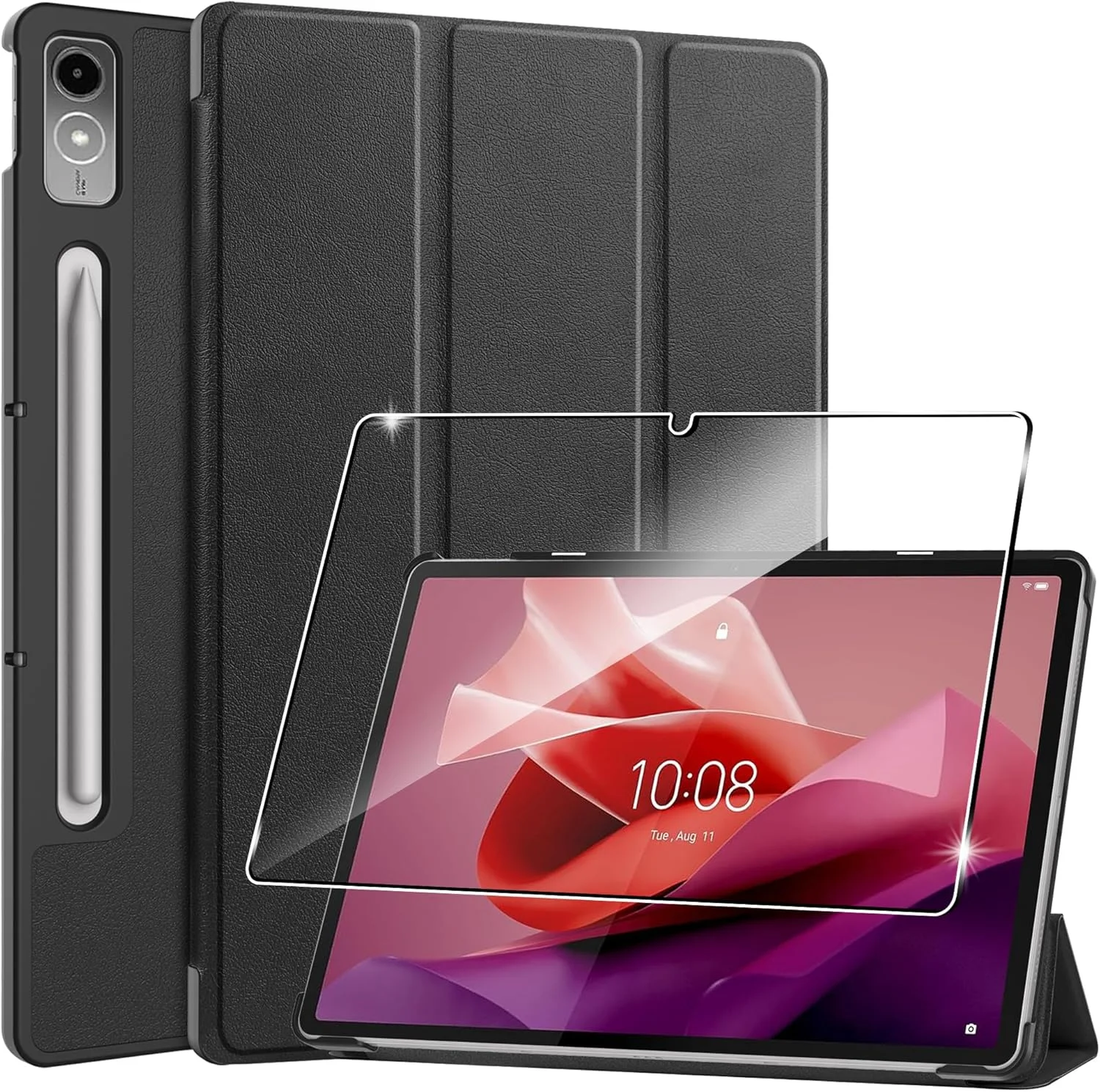 کاور تبلت لنوو تب P12 سایز 12.7 اینچ مدل 2023 به همراه محافظ صفحه نمایش شیشه ای، فوق العاده باریک، سبک و تاشو با قابلیت خواب/بیدار شدن خودکار - مشکی