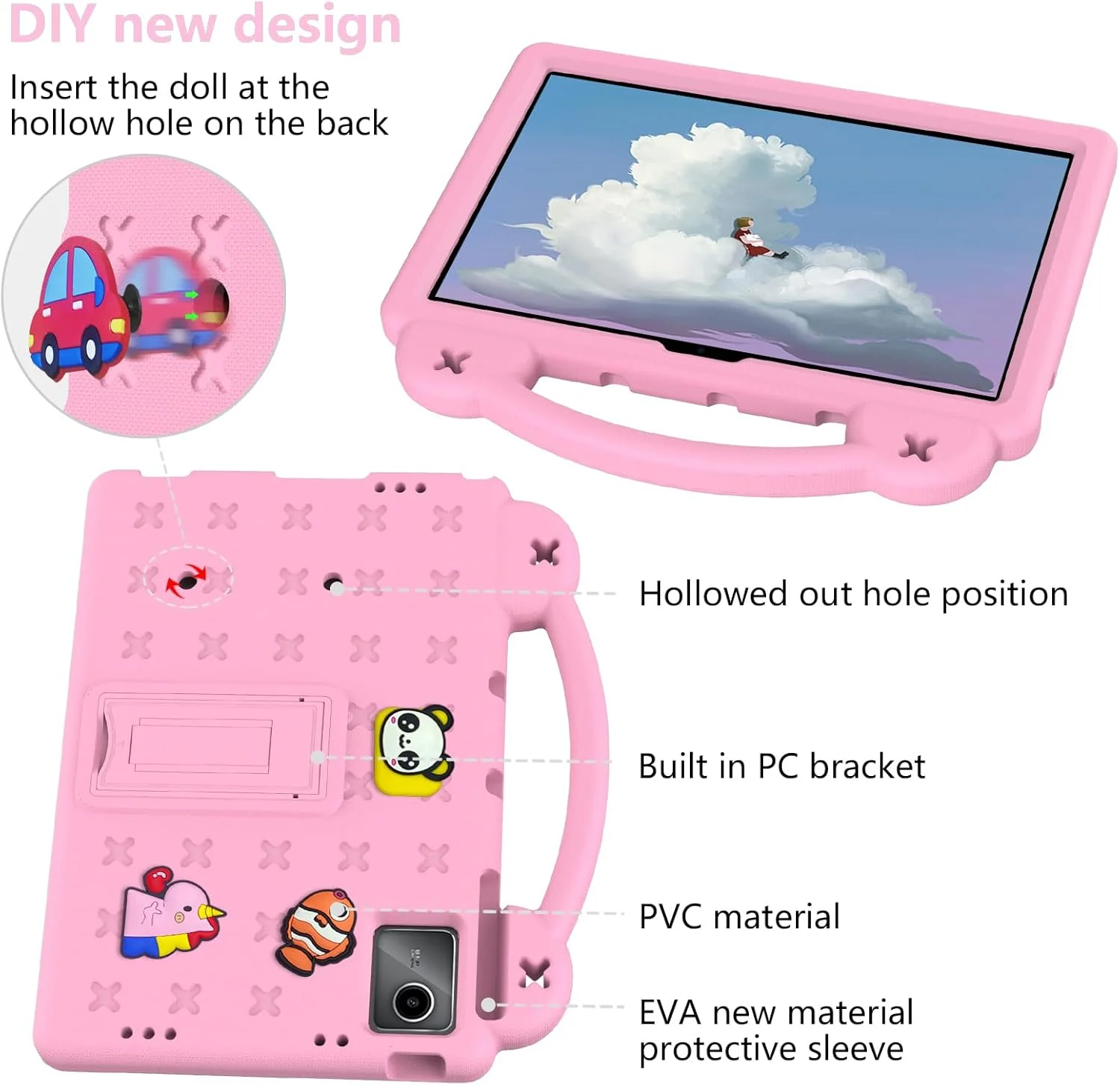 کیف تبلت کودکانه Gruattreay سازگار با تبلت 11 اینچی Lenovo Tab M11، کاور کارتونی EVA ضد ضربه با بند شانه و پایه (صورتی)