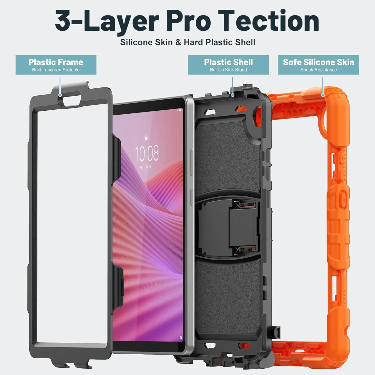 کاور تبلت Gruattreay مناسب برای تبلت لنوو تب وان 8.7 اینچ 2025 با پایه [محافظ صفحه نمایش داخلی] کاور محافظ سه لایه مقاوم در برابر ضربه با بند شانه (نارنجی)
